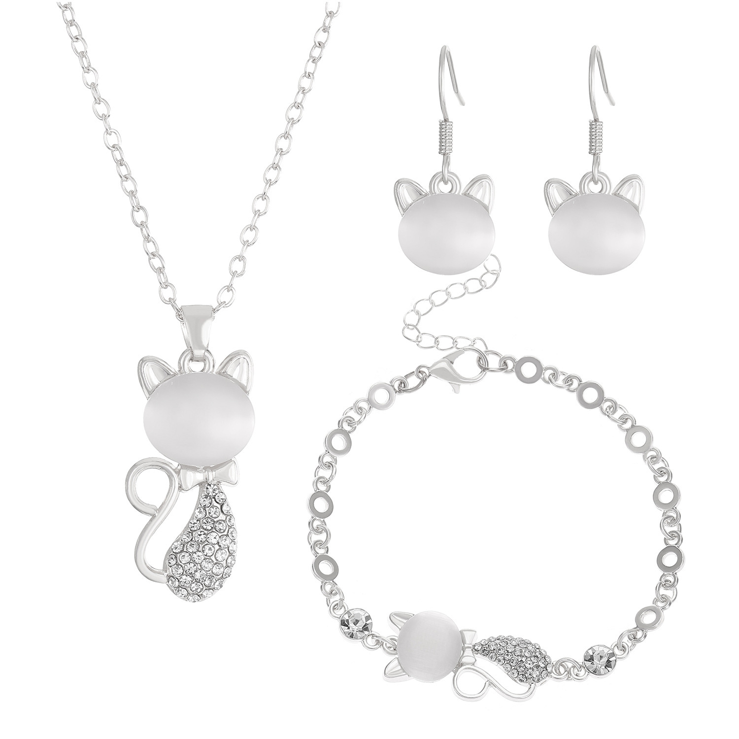 Fashion Design Exquisite Cute Cat's Eye Stone Cat Bracelet Necklace Earrings Dress Up Accessories Three-Piece Set Accessories_voghion.com