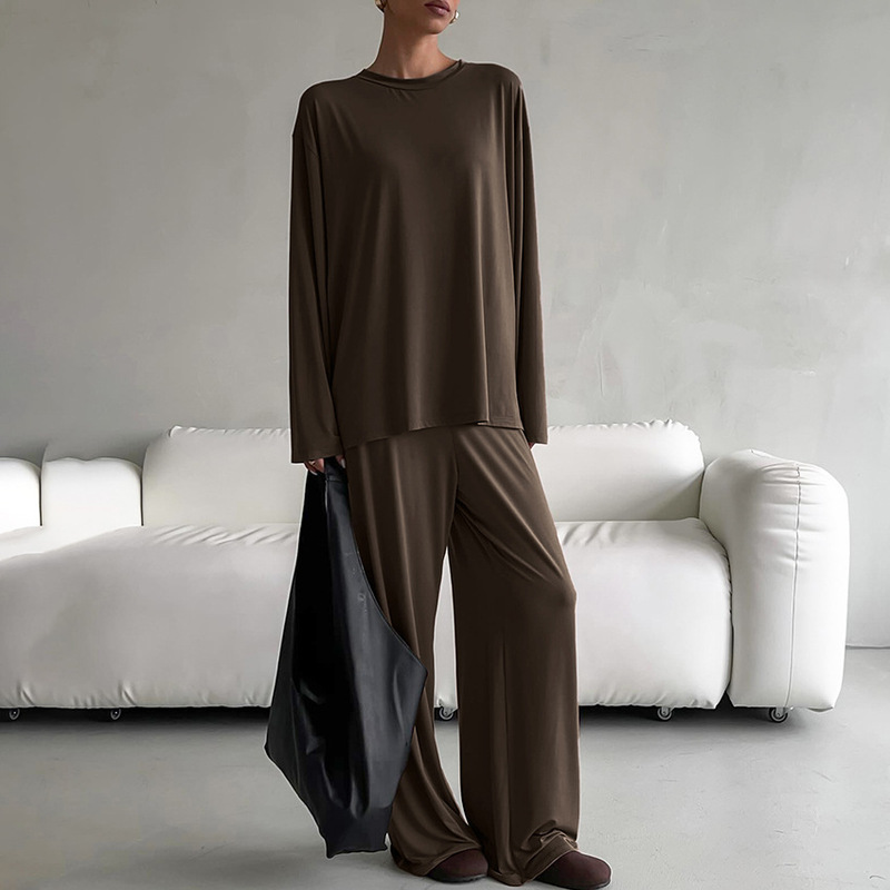 European and American Spring and Summer New Products Soft and Comfortable Knitted Rayon Long-Sleeved Trousers Pajamas Two-Piece Set Cross-Border Home Clothes Wholesale