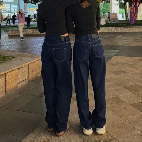 CK90S Spring and Autumn JENNIE Same Jeans Women's 90S White Label High Waist Straight Casual Pants Black Label Fake Two-piece Long