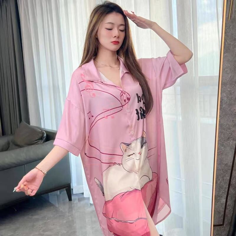 Lazy Style Ice Silk Shirt Pajamas for Women, Summer 2026 New Model, Loose Fit, Slimming, Stylish Long Home Nightgown Lazy Style Ice Silk Shirt Pajamas for Women, Summer 2026 New Model, Loose Fit, Slimming, Stylish Long Home Nightgown