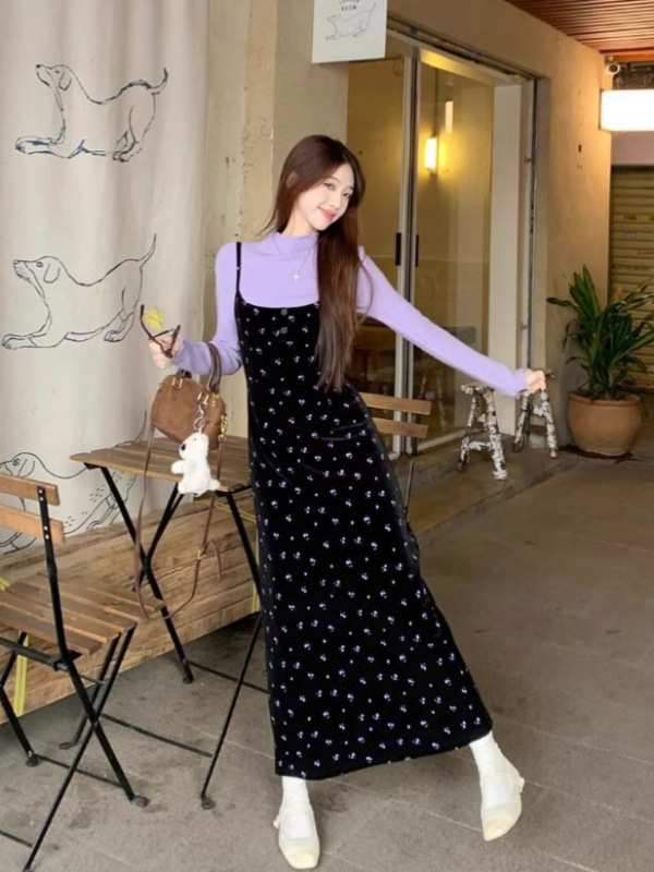 紫色碎花连衣裙子女装2025新款秋季法式高级感穿搭超好看长裙套装|undefined