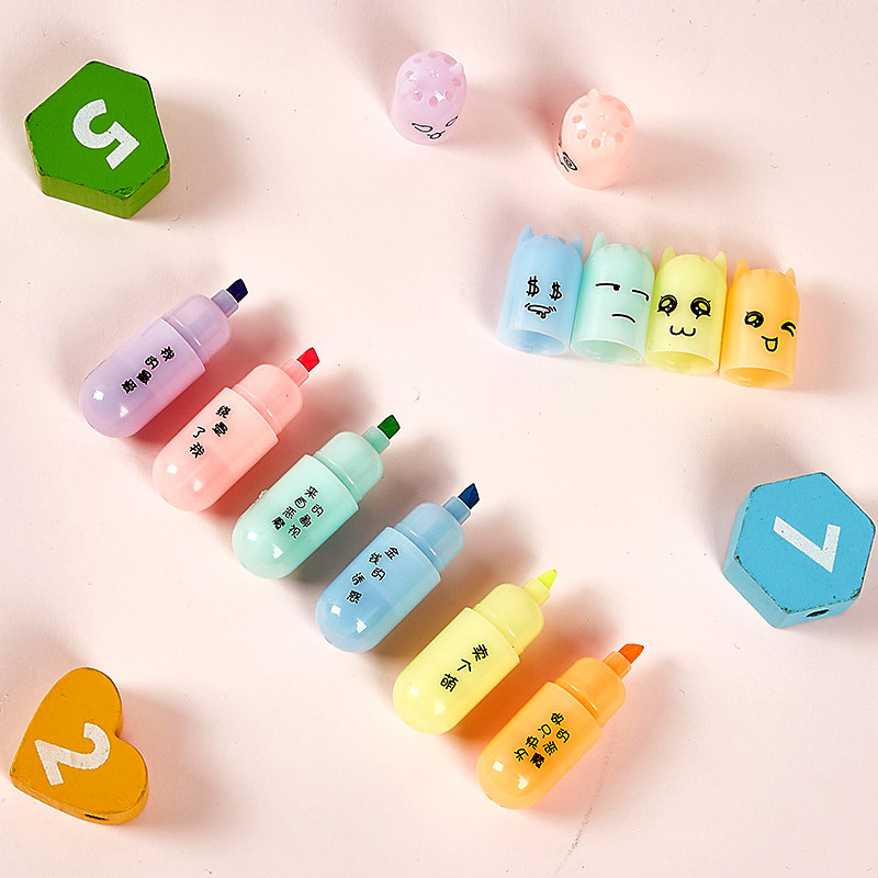 Q1070 niños mini resaltador pequeño diablo resaltador 6 colores 6 marcador de dibujos animados portátil de estudiante de una sola cabeza