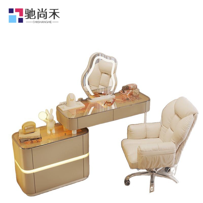 Cajones de aire de crema de atmósfera de lámpara de vestuario de almacenamiento en un armario de lujo moderno y simple mesa de maquillaje retráctil mesa transparente