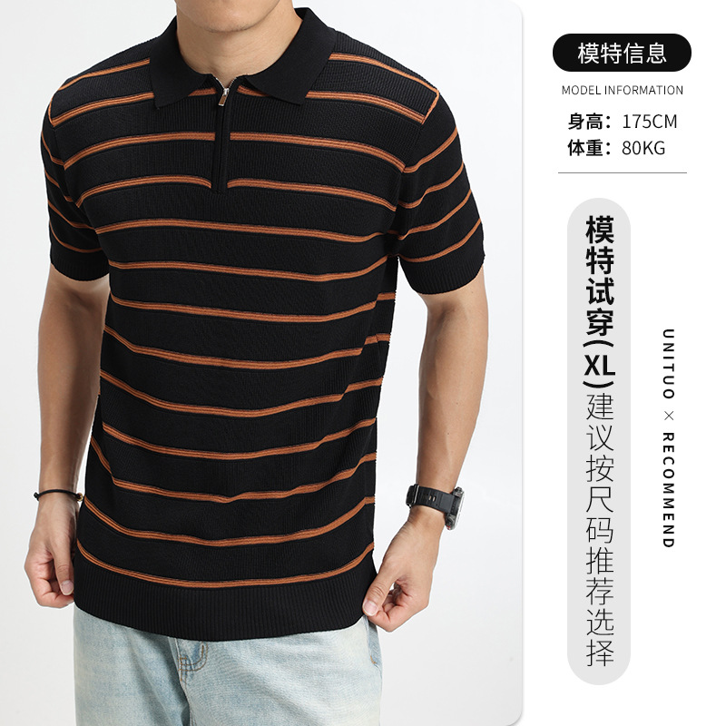Camiseta de polo de punto a rayas horizontales de alta calidad, semia cremallera, texturizada, camiseta de mangas cortas de viaje de negocios para hombres