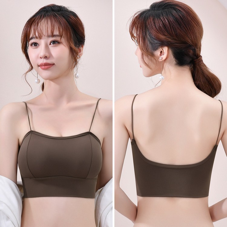 Seda de hielo, tirantes finos para niñas, camisola, gran U de verano, gran espalda sin espalda, almohadilla gruesa para el pecho, base desmontable para evitar la luz