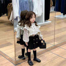 韩版女童2024春秋花边翻领点点收腰衬衣双排扣洋气裙裤两件套裙潮