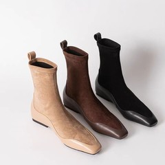 牛革版 ~-レトロなスエードの長靴の女性の中で高くなる小さい方の頭の弾力性の靴の経典の百合のショートブーツのやせている靴