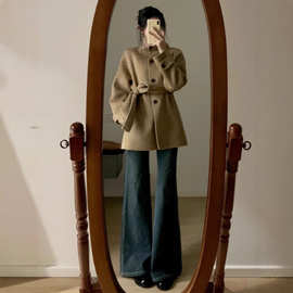 高级感超好看复古立领卡其色毛呢外套女秋冬气质收腰短款呢子大衣
