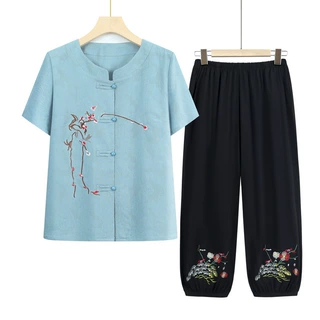 两件套宽松中老年人妈妈夏季圆领印花女款短袖开衫老人衬衫定制