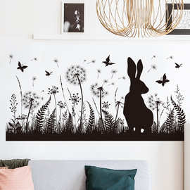 黑色草地植物踢脚线贴纸兔子剪影卧室玻璃装饰墙贴画-36008