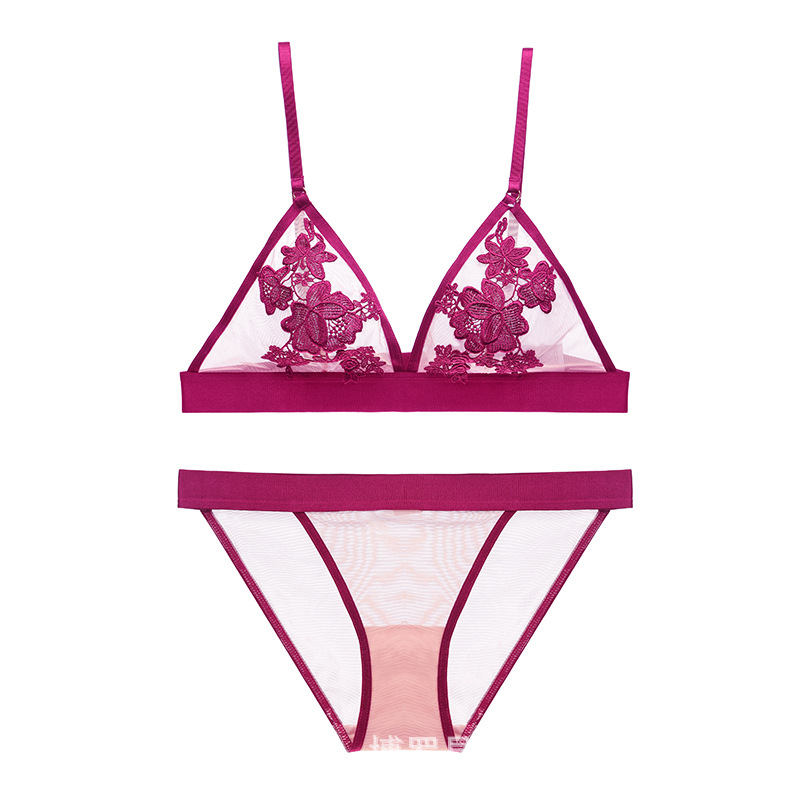 Europeo y americano sexy transparente más tamaño bordado sujetador traje inalámbrico pecho grande pequeño ultra-delgado triángulo taza ropa interior bar