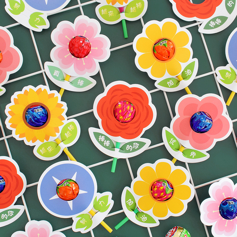 Small red flower lollipop card paper motivational text flowers send candy insert card to send kindergarten students gifts wholesale