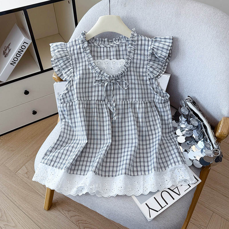 Fashionable Korean-Style Lace Plaid Shirt 2026 Summer New Loose Casual Versatile Sleeveless Babydoll Top for Women