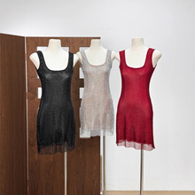 25ss性感方领吊带网格烫钻超闪圣诞跨年战袍修身短款小礼服连衣裙