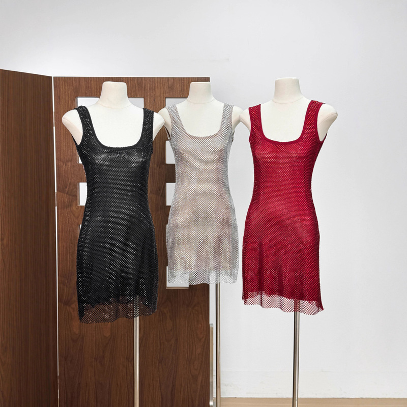 25Ss Sexy Square Neck Suspender Mesh Hot Diamond Super Flash Christmas New Year's Eve Shirt Slim Short Dress Dress