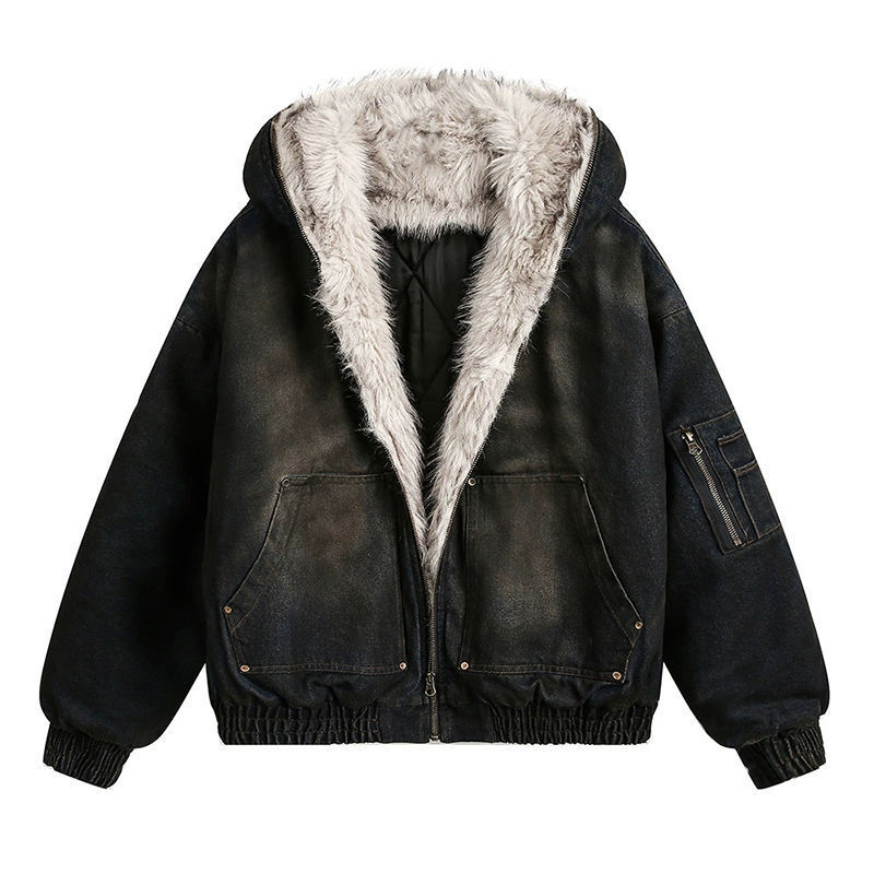 Vintage men's washed denim hooded jacket, faux fur lined oversized winter streetwear coat Vintage men's washed denim hooded jacket, faux fur lined oversized winter streetwear coat