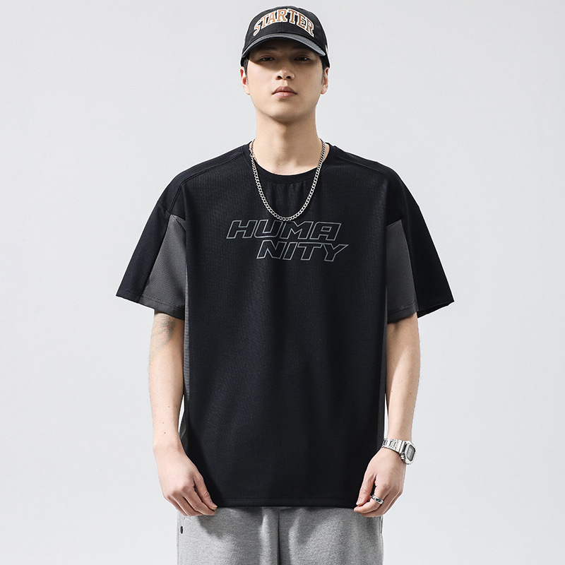 Men's Summer New Product Ice Feeling Quick Drying Short sleeved T-shirt Simple and Loose Spliced Contrast Color Top_voghion.com