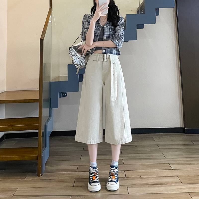 Wholesale Off-White High-Waisted Jeans for Women in Summer Plus Size Slimming and Fat Petite Cropped Wide-Leg Pants