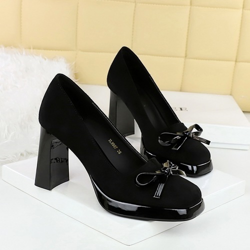 9987-H81 Korean Version Square Waterproof Platform High Heel Pumps with Faux Leather Bow Decoration Women's Shoes with Open Mouth and Extra High Heel