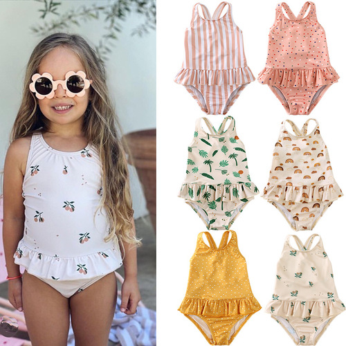 ins girls cute backless floral one piece swimsuit baby cartoon bikini swimsuit hot spring resort swimsuit