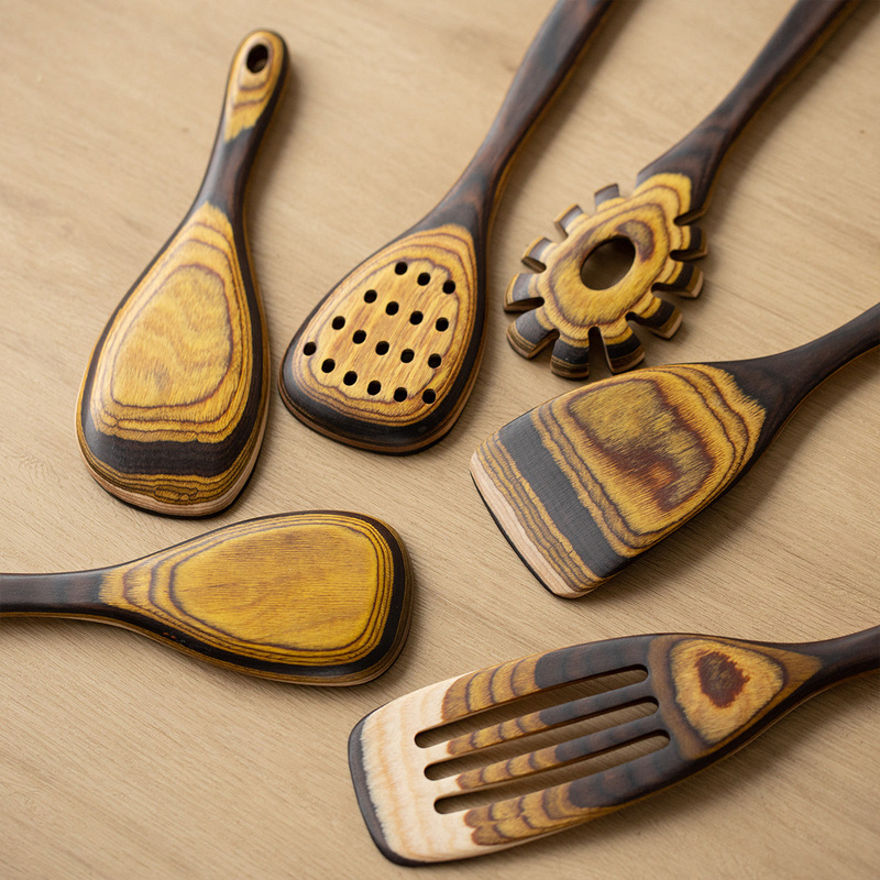 Retro Moroccan Style Gradient Color Wood Kitchen Cooking Wooden Spatula Household Kitchenware Set Spatula Rice Spoon Pasta Colander