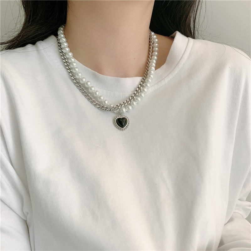 fashion new style Double Titanium Steel Pearl Necklace