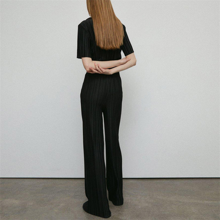 Summer Short Sleeve Loose Pleated Straight Leg Pants Two-Piece Set Sexy Complex Set Collar Sexy Set
