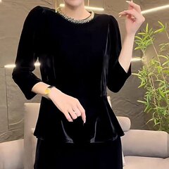 一件代发直播爆款2025秋季新款时尚圆领设计感丝绒长袖打底衫上衣