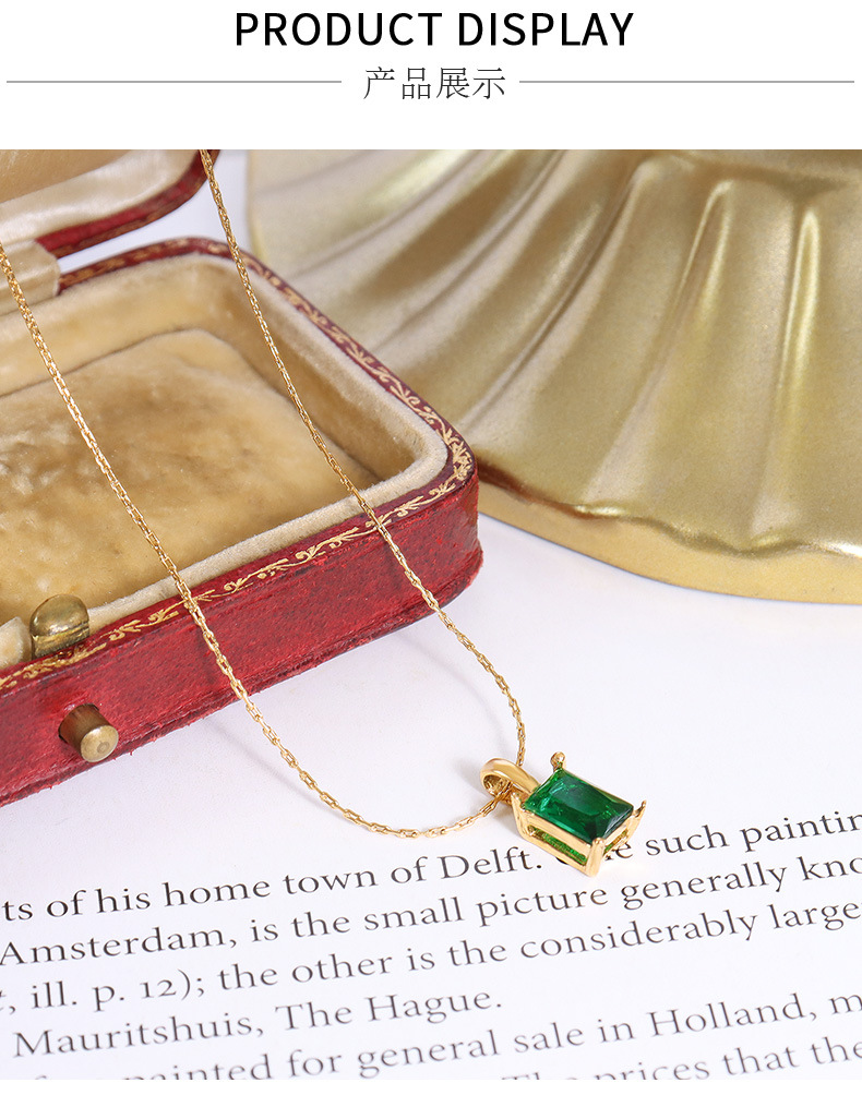 Retro Style Gold, Silver Color Chinese Style National Fashion Palace Style Emerald Zircon Pendant Clavicle Chain Necklace Female Titanium Steel Plated 18k Real Gold P026