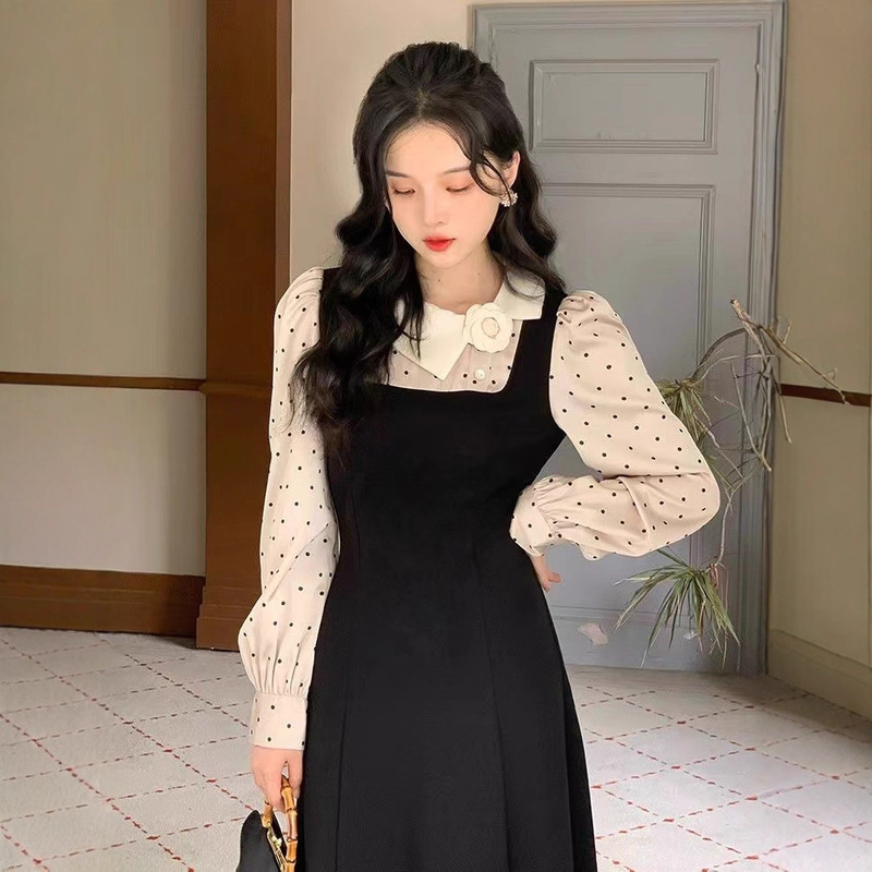 Retro French Age-Reducing Satin Polka Dot Contrasting Fake Two-Piece Dress Elastic Slimming Hepburn Little Black Dress Women's Clothing Retro French Age-Reducing Satin Polka Dot Contrasting Fake Two-Piece Dress Elastic Slimming Hepburn Little Black Dress Women's Clothing