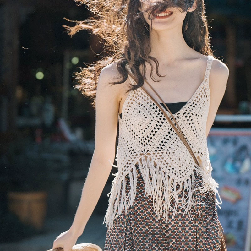 Вязаный крючком полый жилет с кисточками, Женский Топ, свободная верхняя одежда без рукавов, крутая блузка-слинг