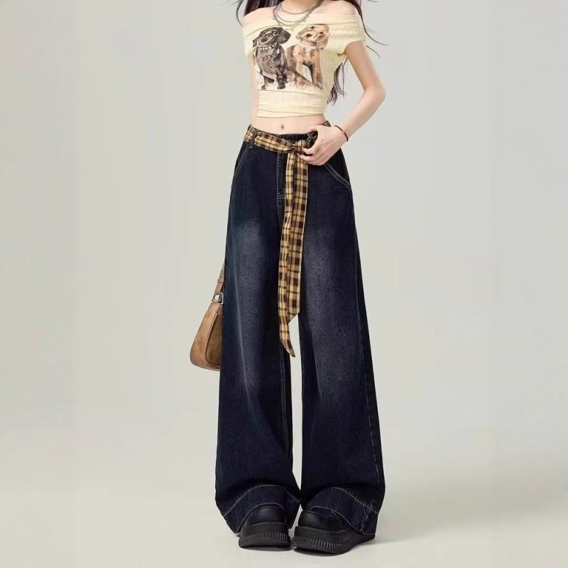 Blue-Gray Plaid Patchwork Wide-Leg Jeans for Women, New Spring and Autumn Style, Loose Fit, Slimming, High-Waisted, Straight-Leg, Floor-Length Pants, Trendy Blue-Gray Plaid Patchwork Wide-Leg Jeans for Women, New Spring and Autumn Style, Loose Fit, Slimming, High-Waisted, Straight-Leg, Floor-Length Pants, Trendy