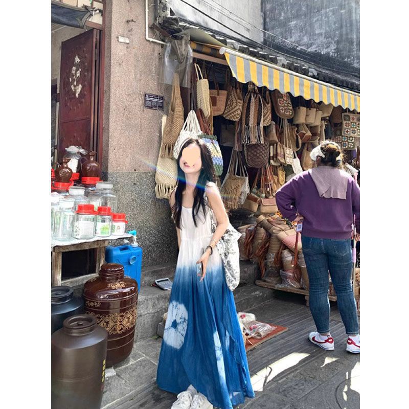 雲理旅遊穿搭扎染吊帶連衣裙女夏季三亞出遊拍照長款沙灘裙子