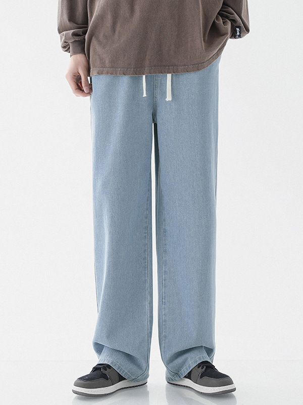 LKTM para hombre # Verano delgado estilo americano retro marca de moda jeans rectos pantalones anchos casuales con cordón para hombre