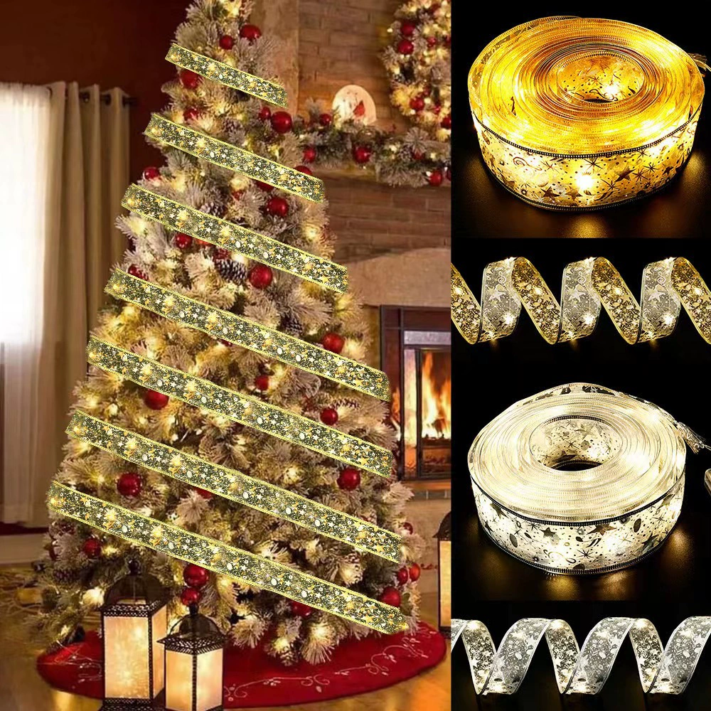 Christmas LED ribbon lights, golden/silver silk, 3.8/5 cm, 1–10 m, battery or remote power options