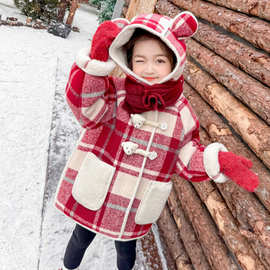 女童呢子大衣秋冬款新款红色格子一体绒加厚儿童韩版女宝外套宽松