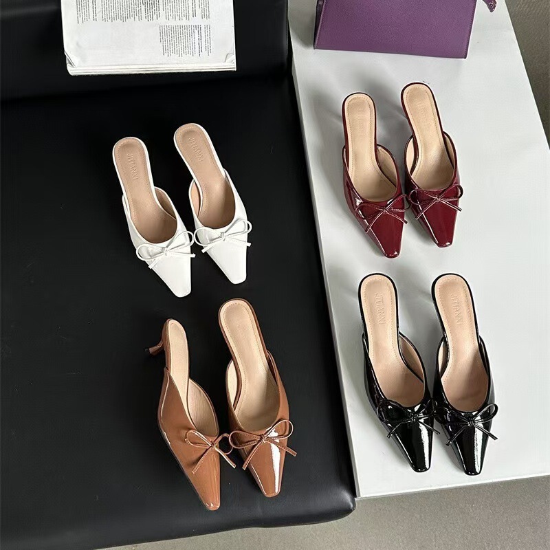 Summer 2024 New Bow Mid-heel Muller Shoes Baotou Half Slippers Women's plus size High-heeled Single-layer Shoes Sandals