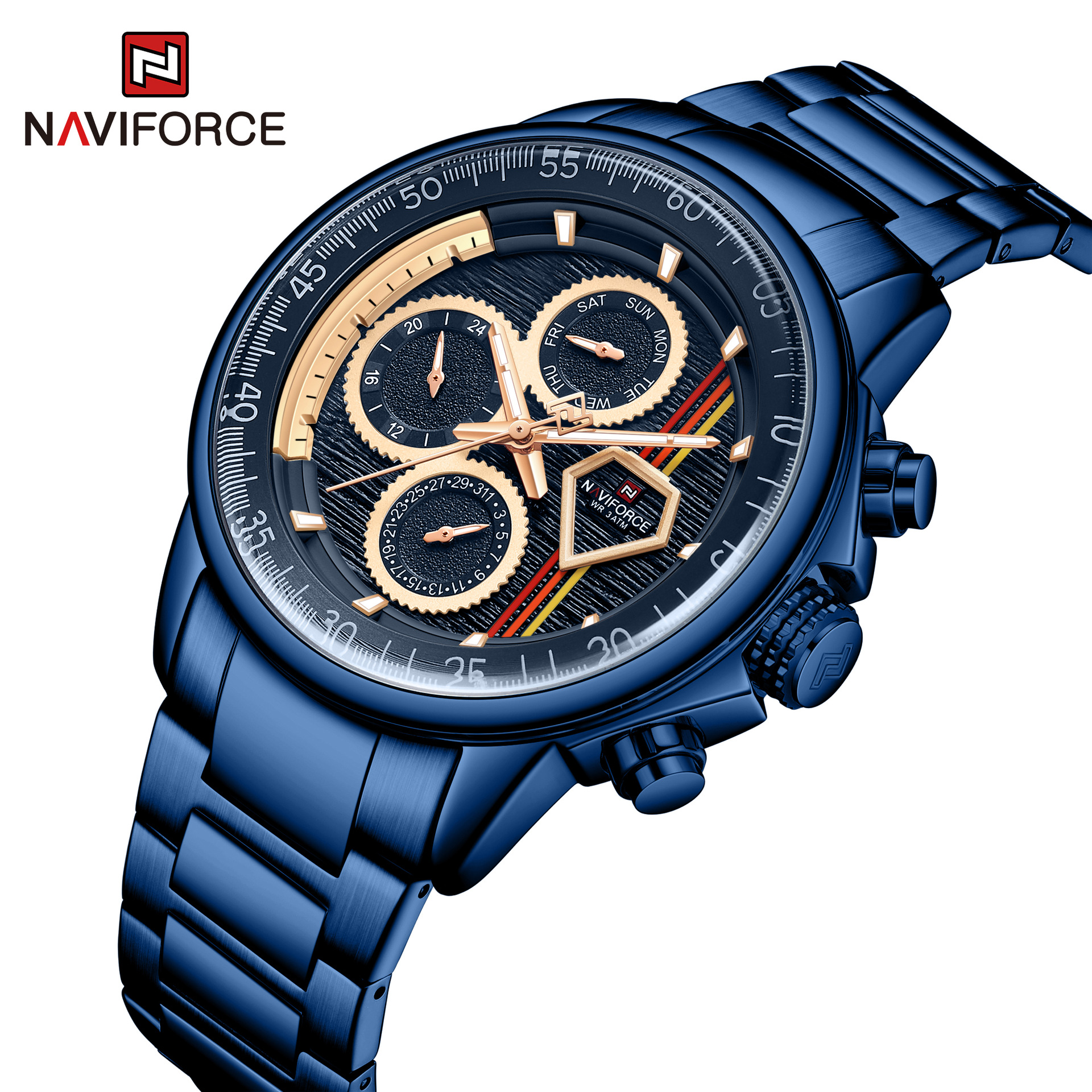 Relógio masculino casual de negócios de quartzo NAVIFORCE/Lingxiang 9184 com pulseira de aço e calendário de seis pinos_voghion.com