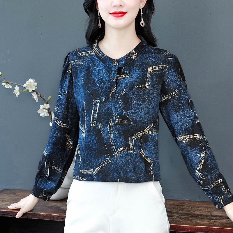 Branded printed silk shirt for women, 2026 spring and autumn new fashion, elegant top for mothers, high-end feel blouse