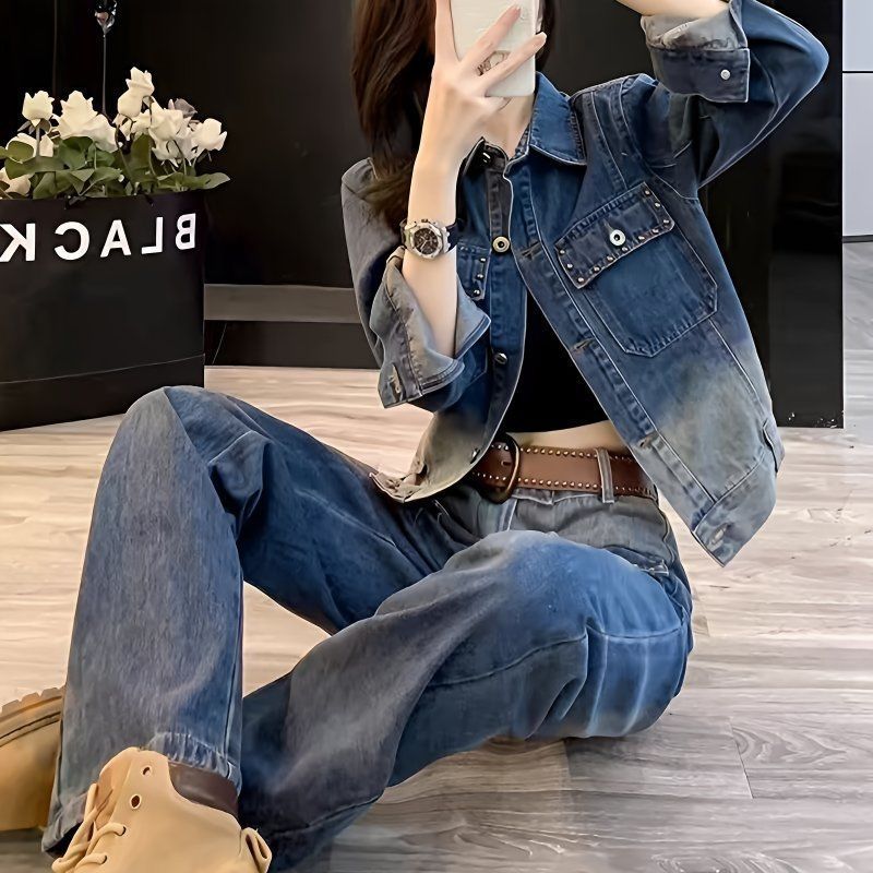 欧洲站牛仔外套女两件套秋季时尚洋气短款外套减龄直筒阔腿裤套装