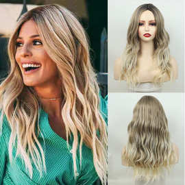 假发wigs 欧美时尚渐变色长卷发女中分金色化纤头套 厂家纸销