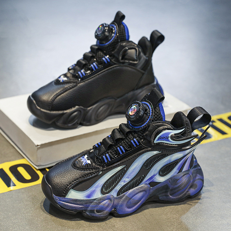 Zapatos para niños primavera y otoño 2025 nuevo botón giratorio zapatos deportivos para niños grandes zapatos de cuero impermeables para padres