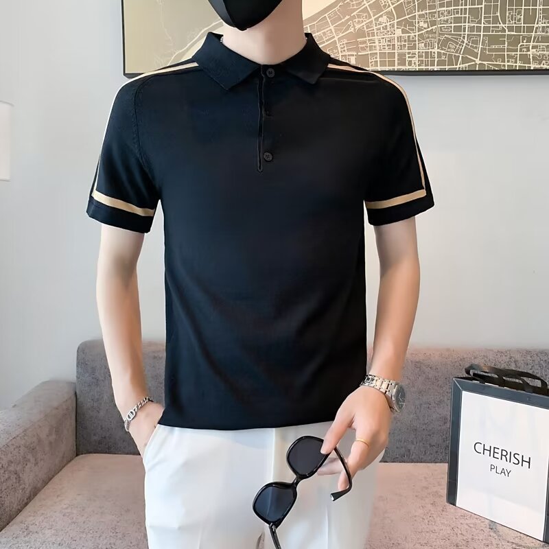 Colored striped Polo shirt for men with short sleeves, summer thin knit Paul polo collar, ice silk t-shirt, slim fit,_voghion.com