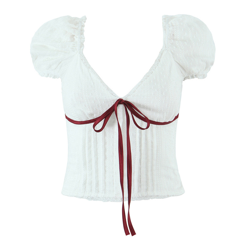 French Lace Deep V-Neck Puff Sleeve Top Women's New Girls' Colored Bow Strap Shirt