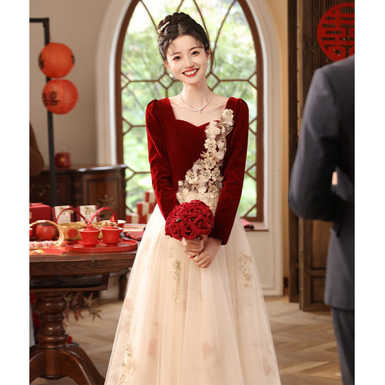 Toasting Dress Bride 2025 New Wedding Dress Women's dress Wedding wine red Door-back Dress
