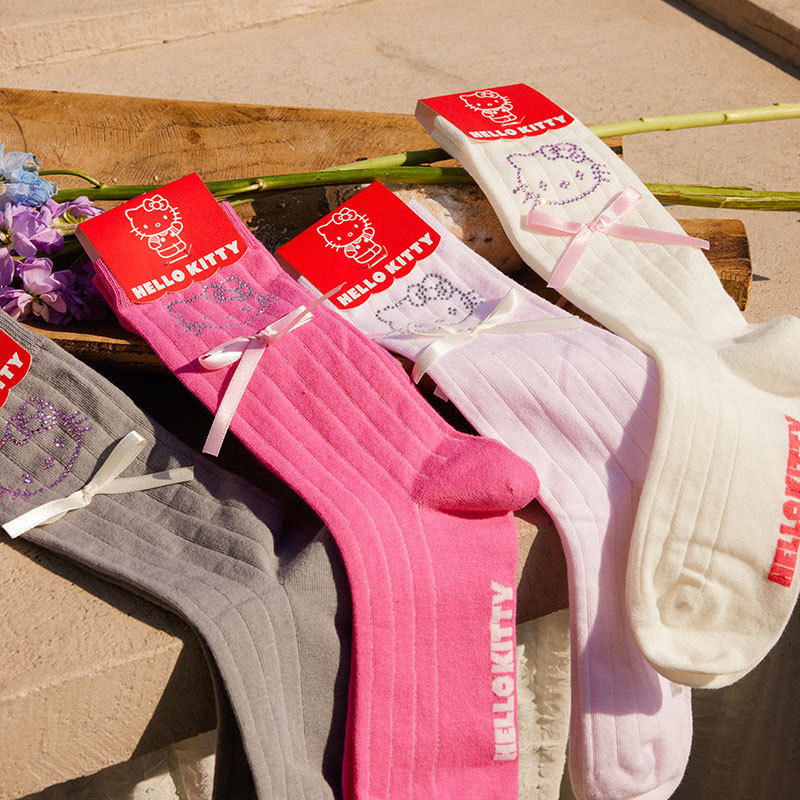 Socks Women's Spring and Summer New Arrival Bow Mid-Pod Socks with Diamond KT Cat White Pile Socks with Loafers Pit Socks