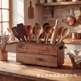 跨境木质餐具盒桌面厨具筷勺收纳沥水架实木客厅遥控器分格置物架