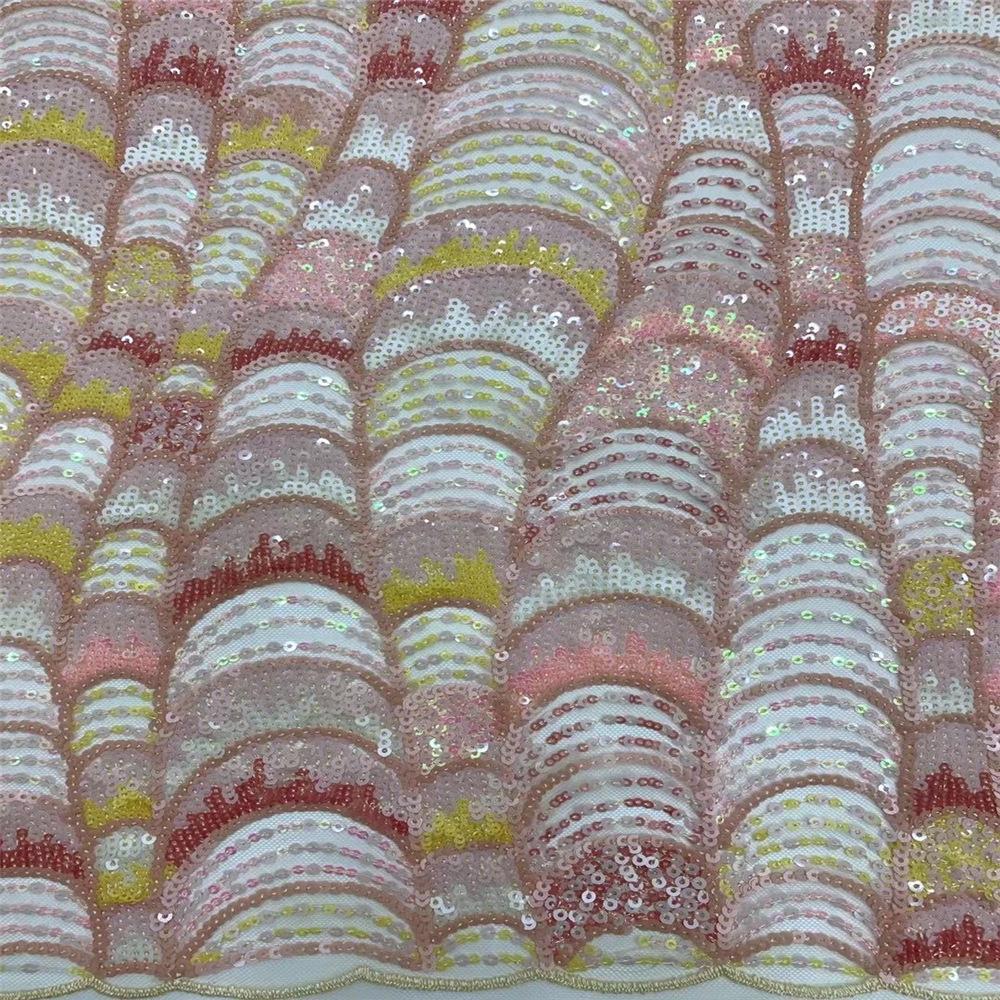 Concha de la onda textura de lentejuelas de hilo teñido ropa cheongsam tela Rosa lentejuelas de malla de encaje bordado de tela JX3692