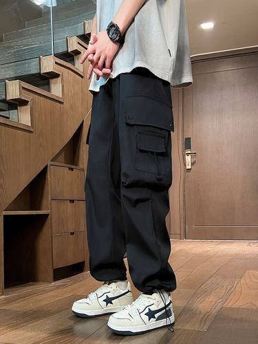 Japanese retro work pants for men, summer loose design, popular multi-pocket casual wide-leg floor-length pants