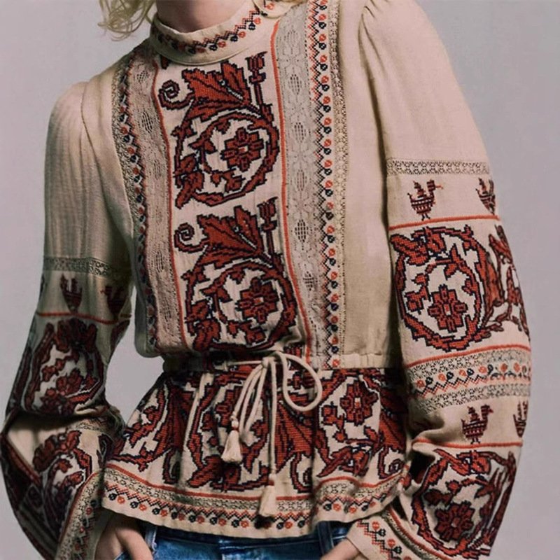 2025 Spring and Summer Exotic Heavy Industry Cross Embroidery Pattern Round Neck Waist Pullover Shirt for Women